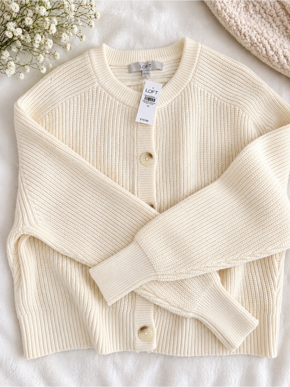 LOFT Cream Ribbed Button-Front Cardigan